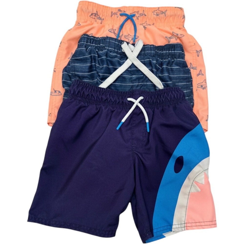 Boys Swim Trunks Bundle 3T & 5T Orange Navy Shark Striped Good